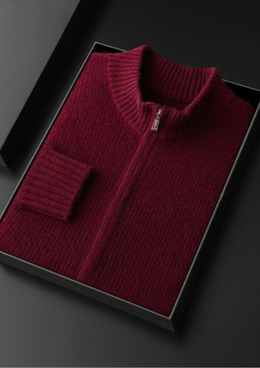 Pure Cashmere Burgundy Ribbed Zip Cardigan | Auremmont