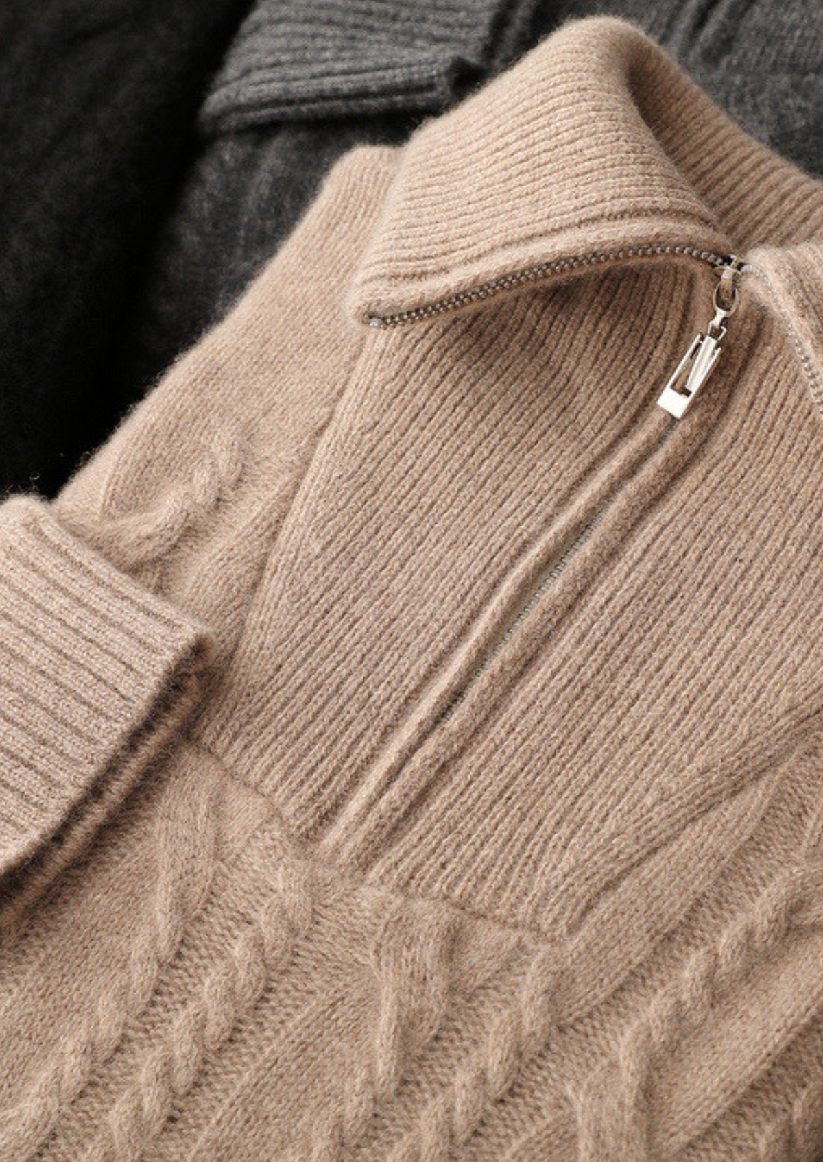 Pure Cashmere Beige Cable Half Zip Sweater | Auremmont