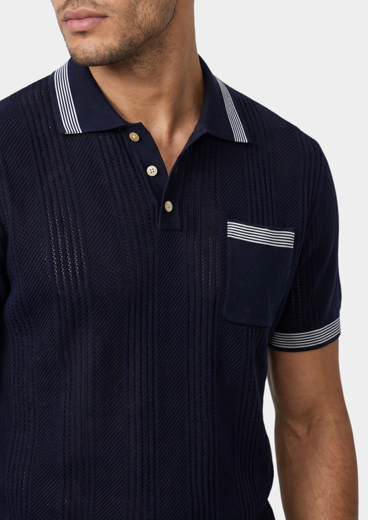 Leon Navy Blue Open Knit Lightweight Polo | Auremmont