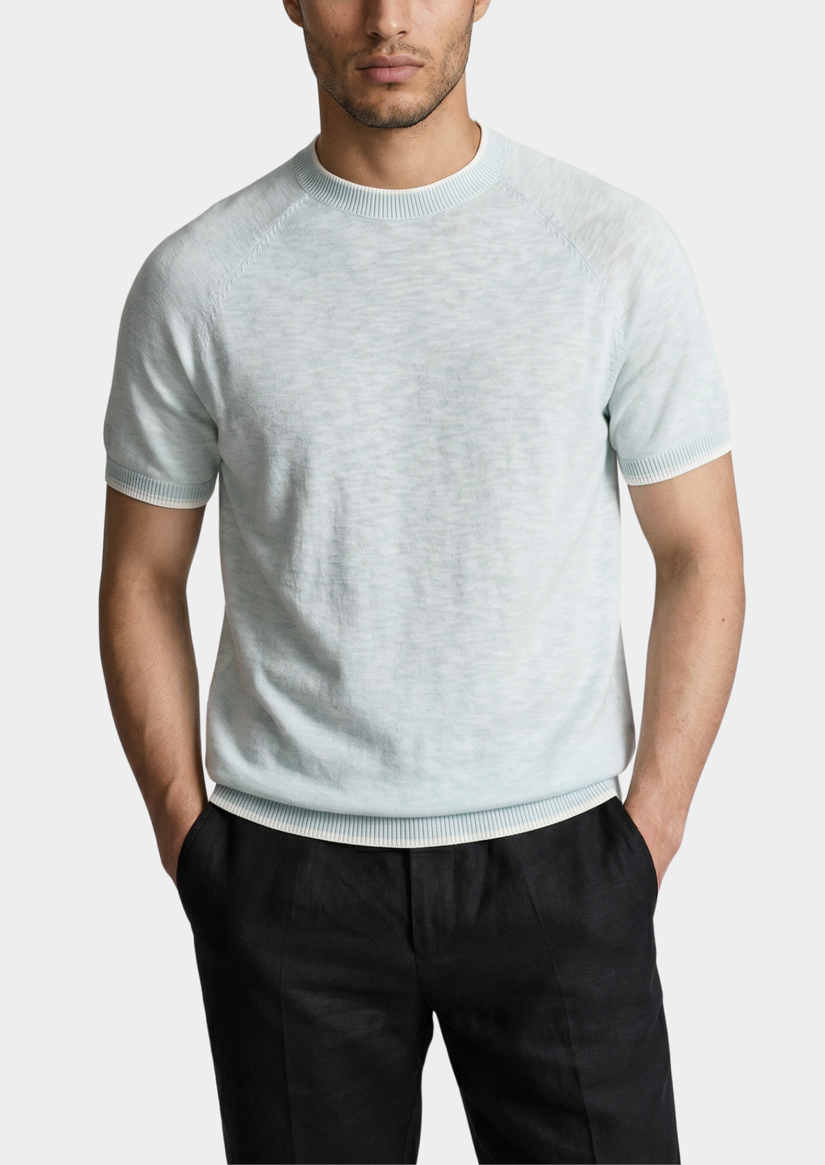 Capri Ice Blue Linen Contrast T-Shirt | Auremmont
