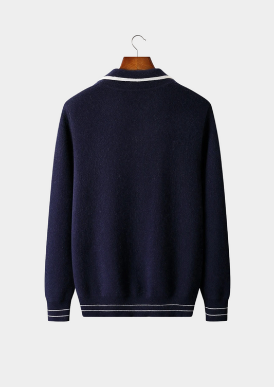 Pure Extra-Fine Merino Wool Two-Tone Polo Cardigan | Auremmont