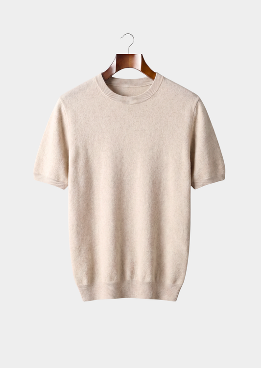 Premium Cashmere Classic Crewneck T-Shirt - Ivory Mocha | Auremmont