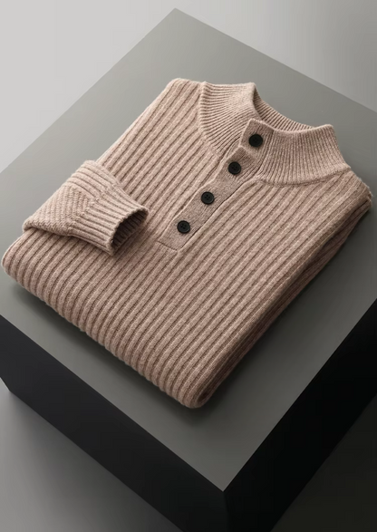 Pure Extra-Fine Merino Wool Ribbed Henley Sweater | Auremmont
