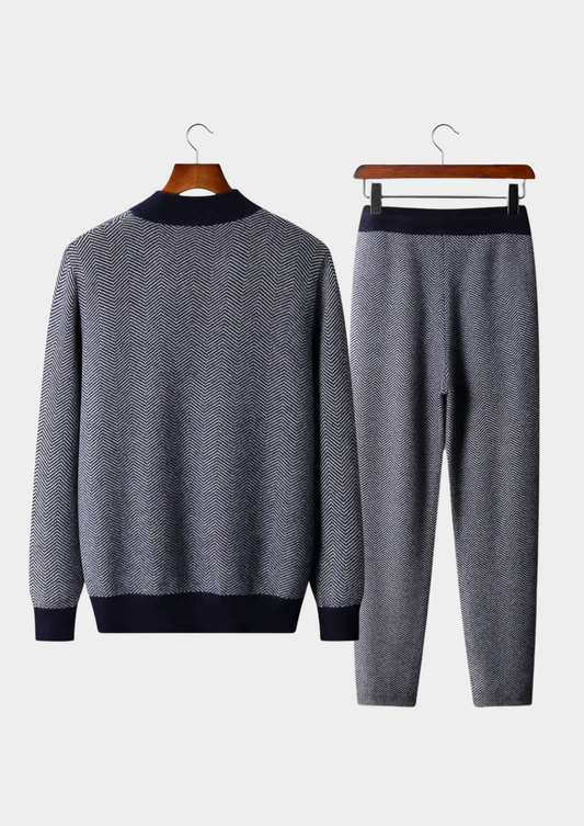 Pure Extra-Fine Merino Wool Navy Blue Herringbone Set | Auremmont