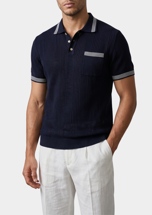 Leon Navy Blue Open Knit Lightweight Polo | Auremmont