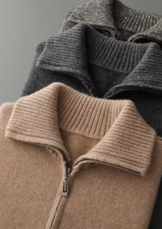 Pure Cashmere Dark Gray Funnel Neck Cardigan | Auremmont