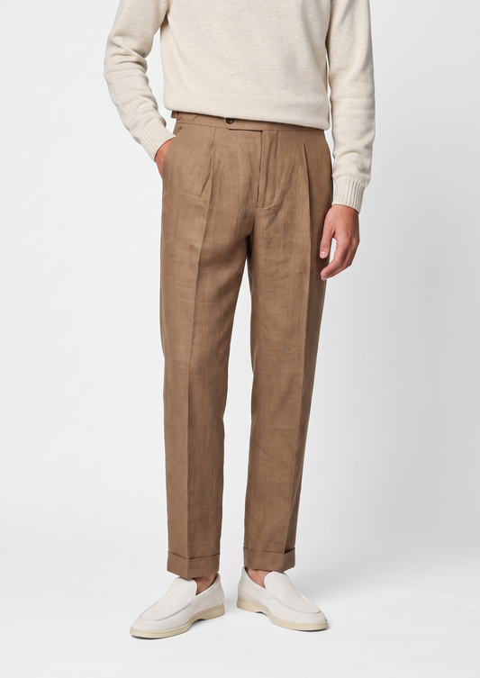 Tuscany Pleated Coastal Trousers - Caramel | Auremmont