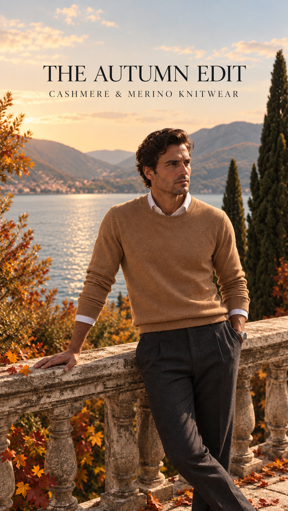 Man in a camel cashmere sweater leaning on a stone balustrade in autumn