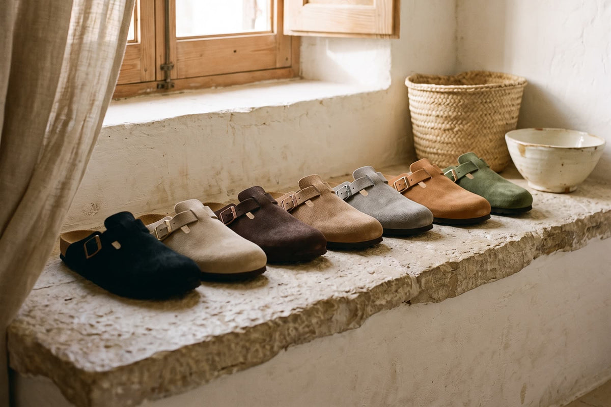 Seven suede clogs lined up on a stone ledge by a shuttered window