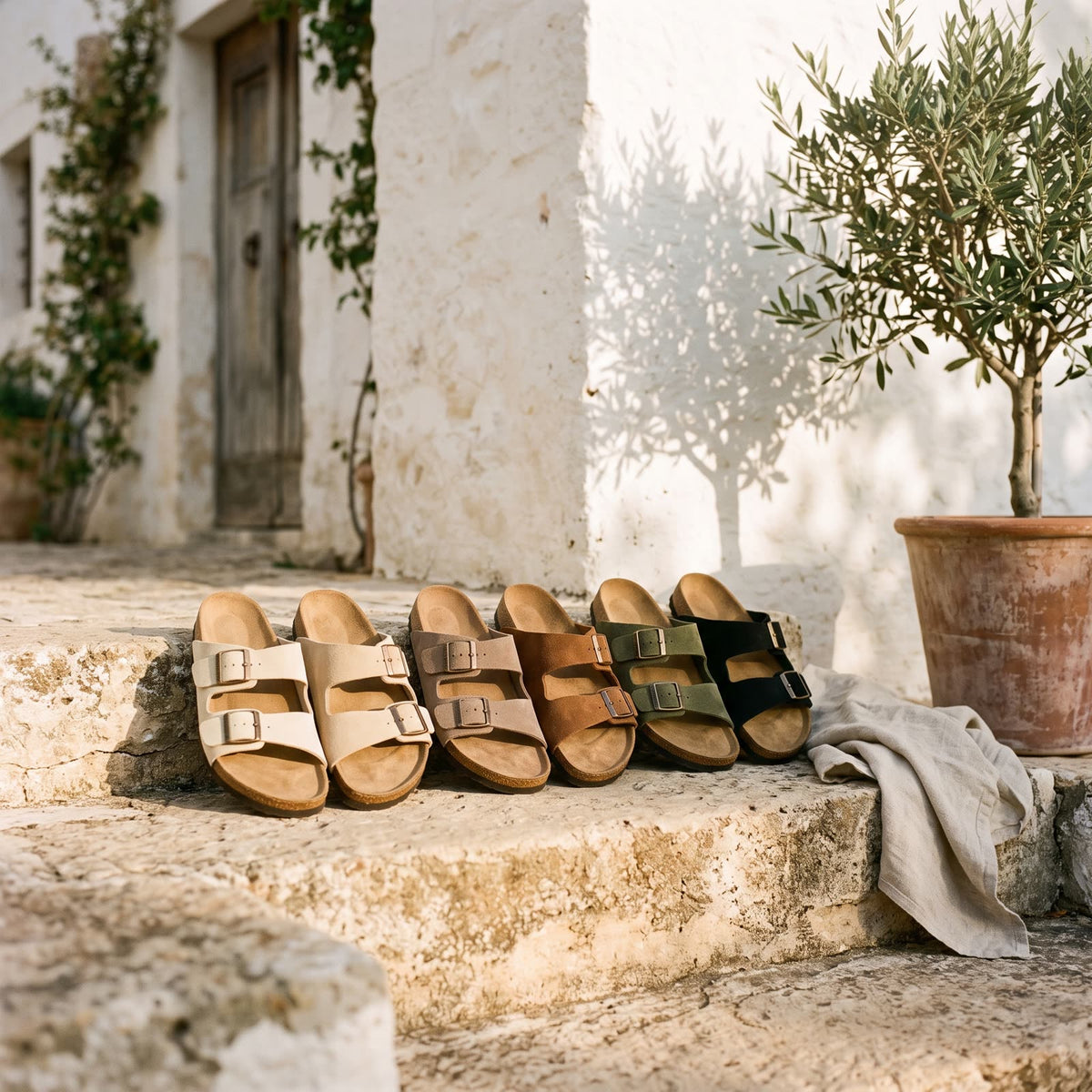 Suede two strap sandals in cream, taupe, chestnut, moss green and black lined up on a limestone step outside a Mediterranean villa