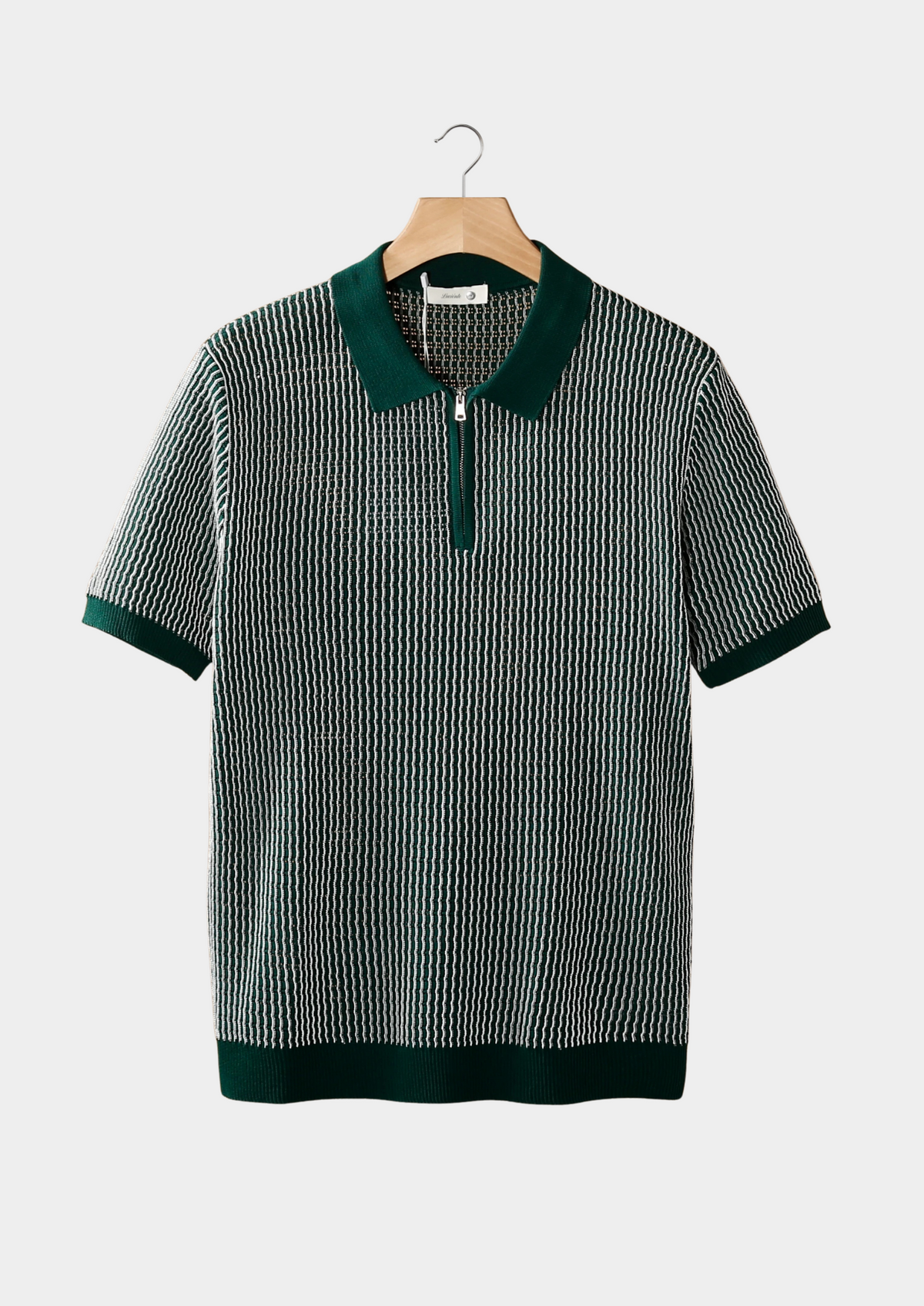 Green Geometric Textured Zipper Polo | Auremmont