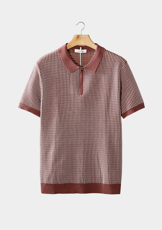 Dusty Rose Geometric Textured Zipper Polo | Auremmont