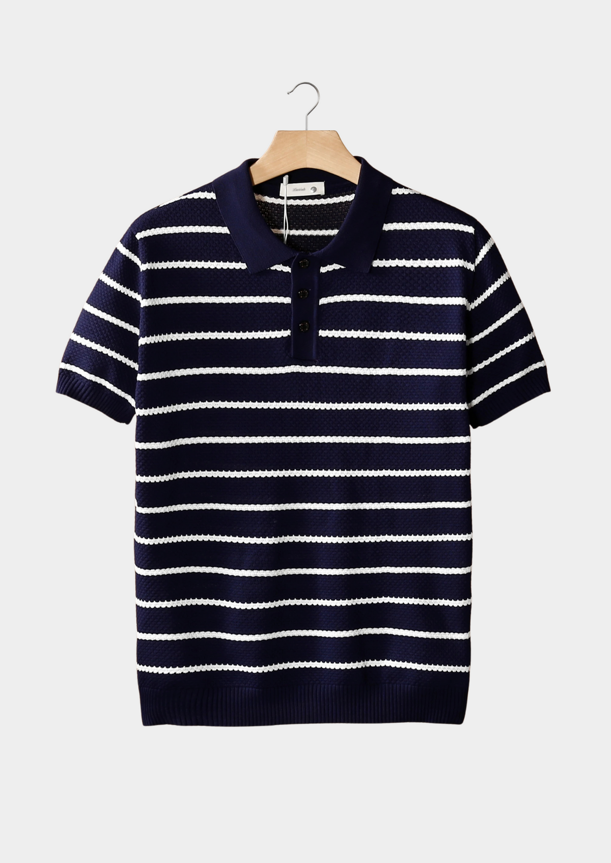 Navy Striped Textured Button Polo | Auremmont