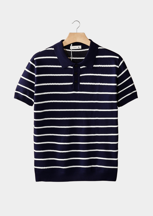 Navy Striped Textured Button Polo | Auremmont