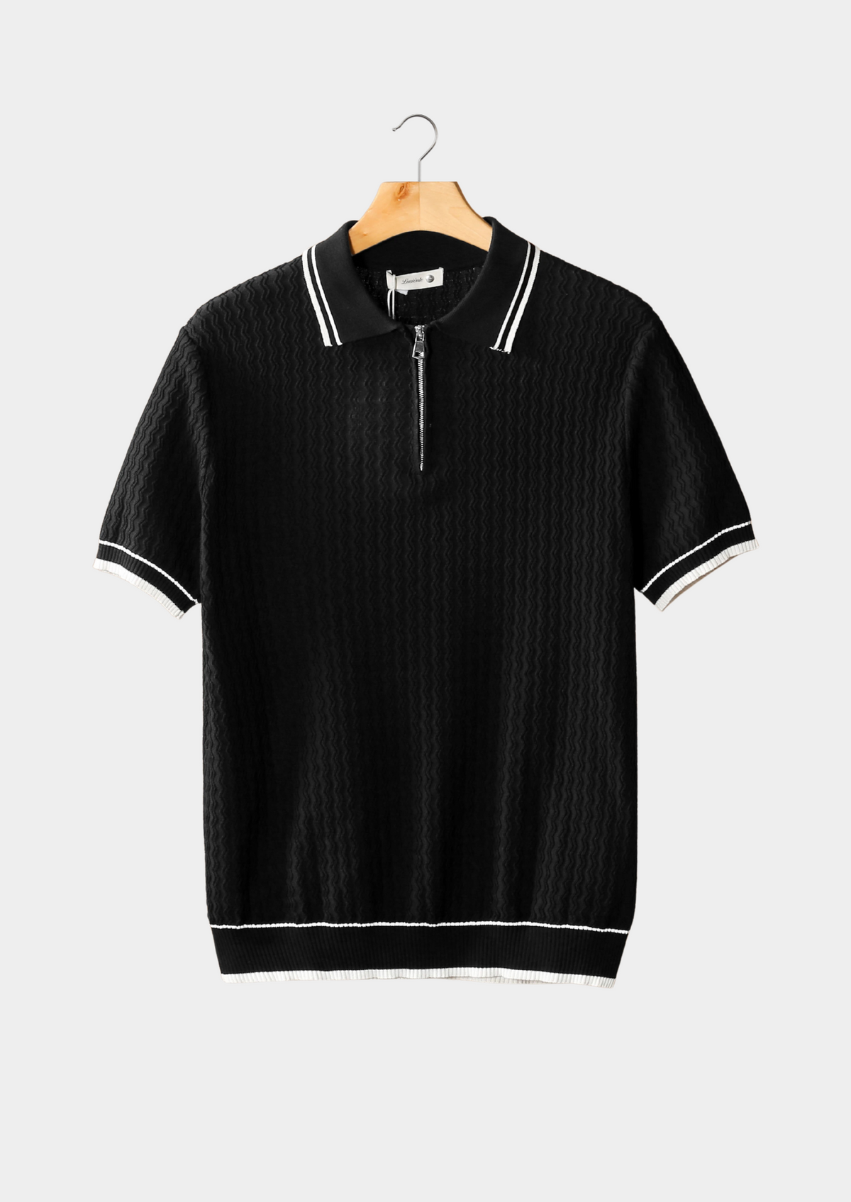Black Wavy Textured Zipper Polo | Auremmont